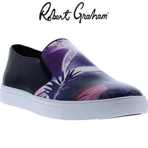 ROBERT GRAHAM MEN'S WLLAMAR NIB SLIP-ON OCEAN PRINT BLACK SNEAKERS. SIZE 10